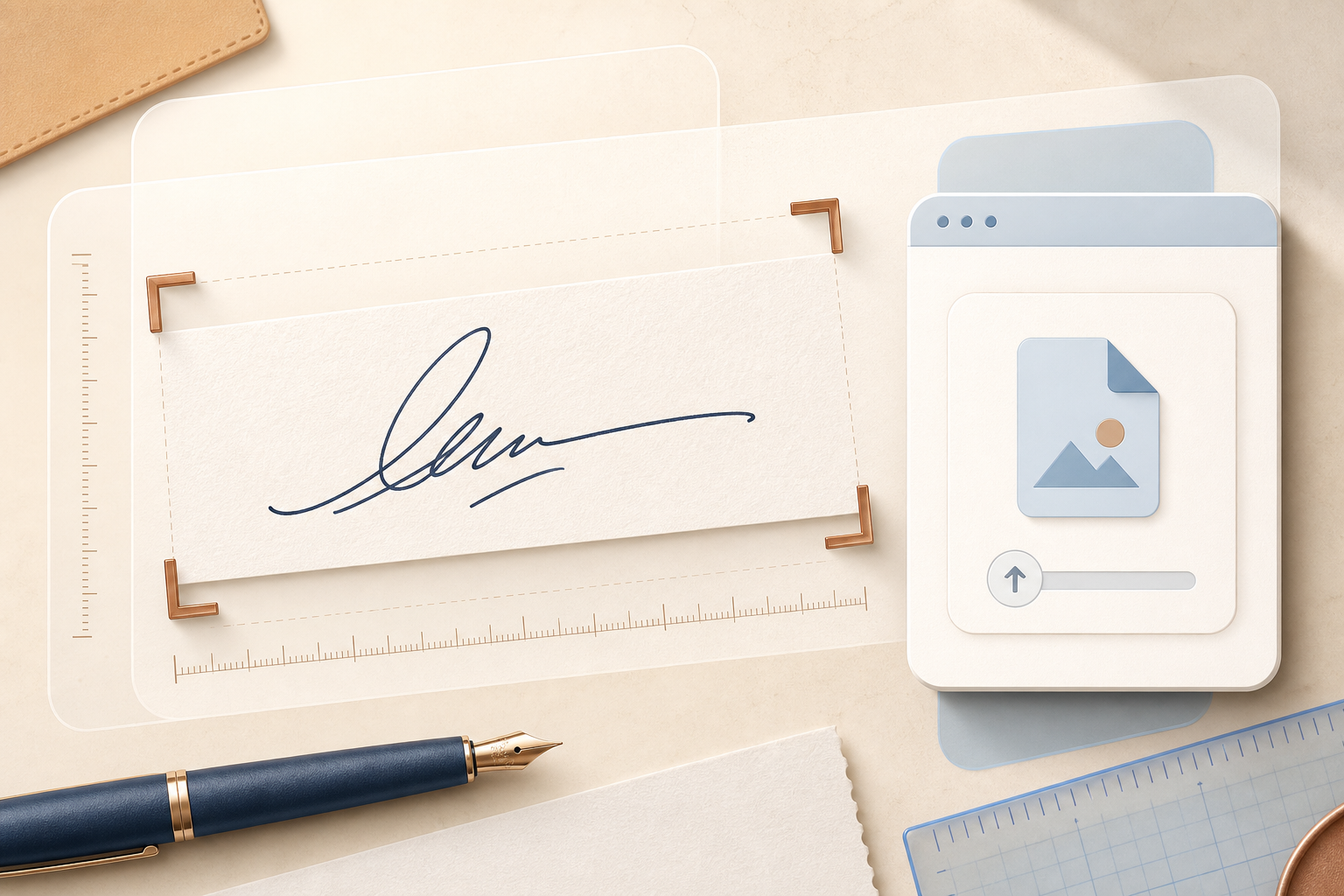 Illustration of a signature resizing workspace with crop marks, measurement rulers, and an upload panel.
